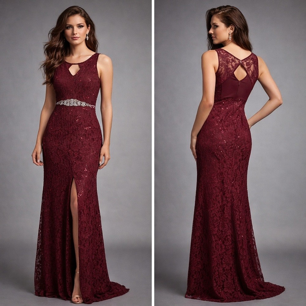 My Michelle Sz 7 Burgundy Lace‎ Sequin Formal Gown Y2K Whimsigoth Prom